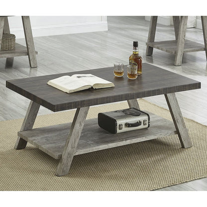 Athens Contemporary 3-Piece Wood Shelf Coffee Table Set in Weathered Walnut and Gray