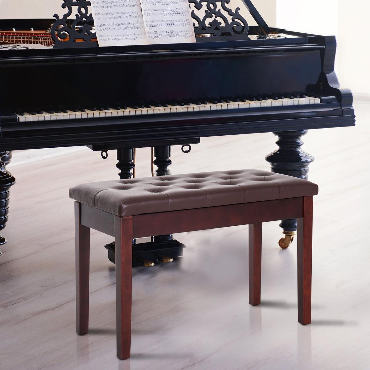 Piano Bench, Duet Piano Chair with Faux Leather Padded Cushion and Wooden Frame, Button Tufted Keyboard Bench, Brown