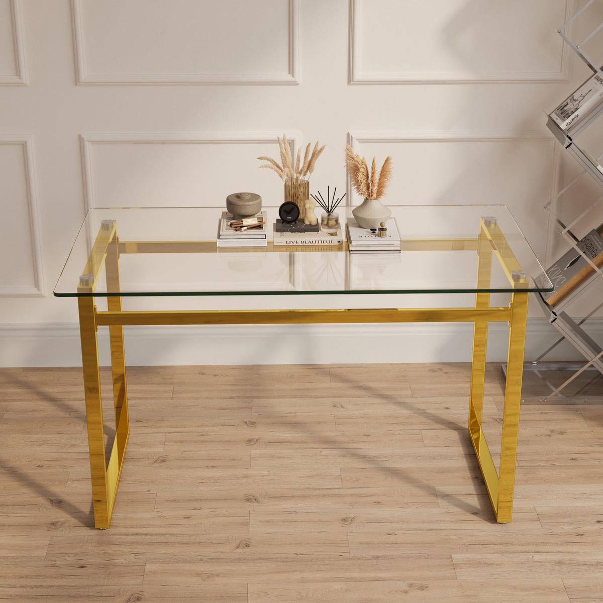 Modern Minimalist Rectangular Glass Dining Table for 4-6 with 0.31" Tempered Glass Tabletop and Golden Chrome Metal Legs, Writing Table Desk, for Kitchen Dining Living Room, 51" W x 27"D x 30" H