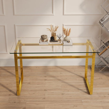 Modern Minimalist Rectangular Glass Dining Table for 4-6 with 0.31" Tempered Glass Tabletop and Golden Chrome Metal Legs, Writing Table Desk, for Kitchen Dining Living Room, 51" W x 27"D x 30" H