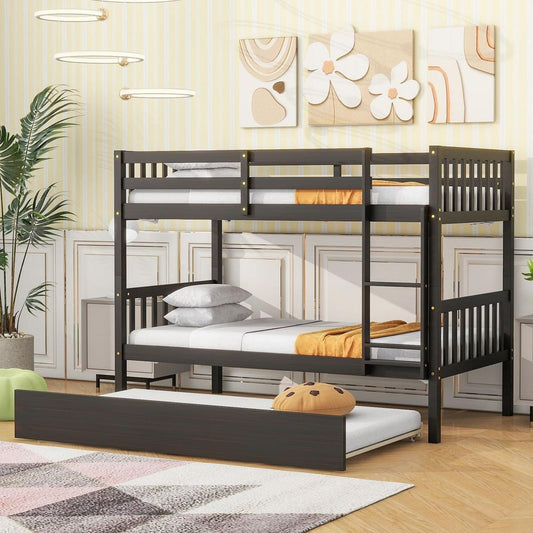 Twin Over Twin Rubber Wood Bunk Bed with Trundle, Convertible into 2 Twin Size Beds, Twin Size Bunk Bed with Ladder and Safety Guardrails,Espresso - Streamdale Furniture