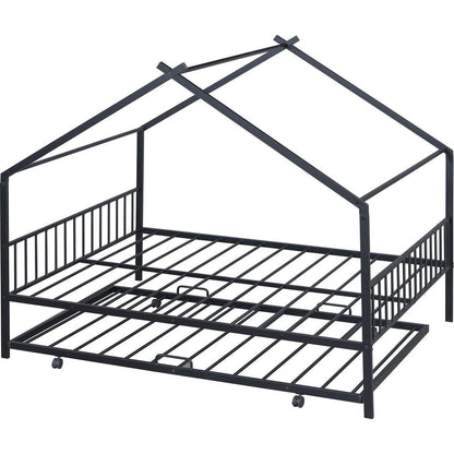 Full Size Metal House Bed with Twin Size Trundle, Black