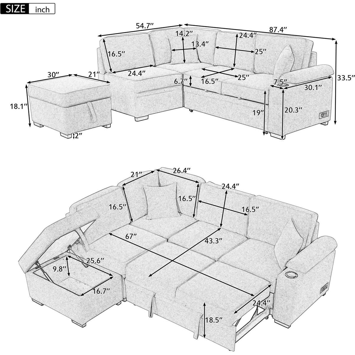 87.4" Sleeper Sofa Bed,2 in 1 Pull Out sofa bed L Shape Couch with Storage Ottoman for Living Room,Bedroom Couch and Small Apartment, Black