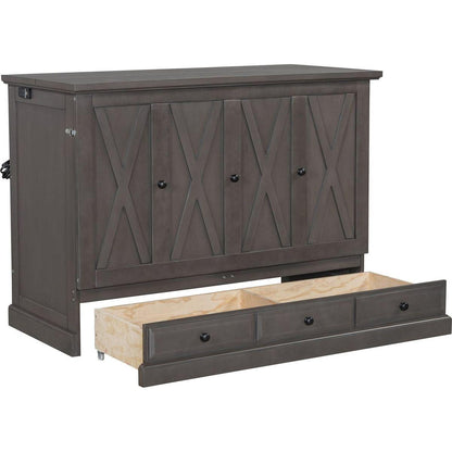 Solid Pine Murphy Bed Chest Cube Cabinet Bed with Charging Station and Large Storage Drawer for Home Office or Small Room,Full,Gray