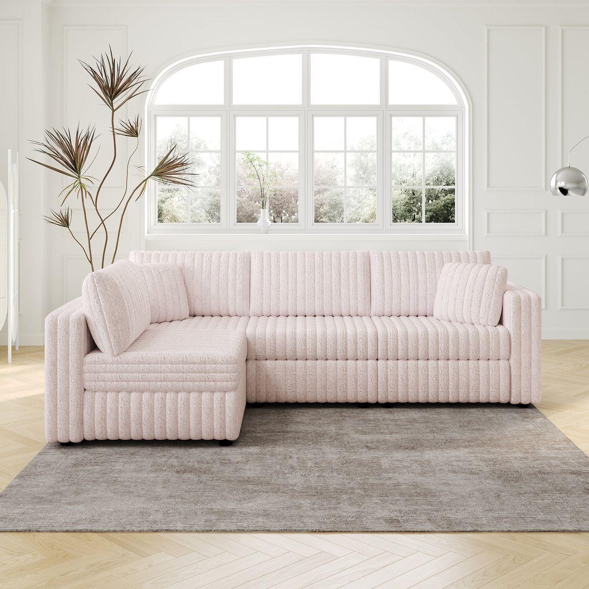 106.3' Soft  L-shaped 4-Person Sofa. Comfortable & Stylish. Matches Bedroom & Living Room.Light Pink.Modern plush furniture. Modular design for versatility. L-shape offers unique style