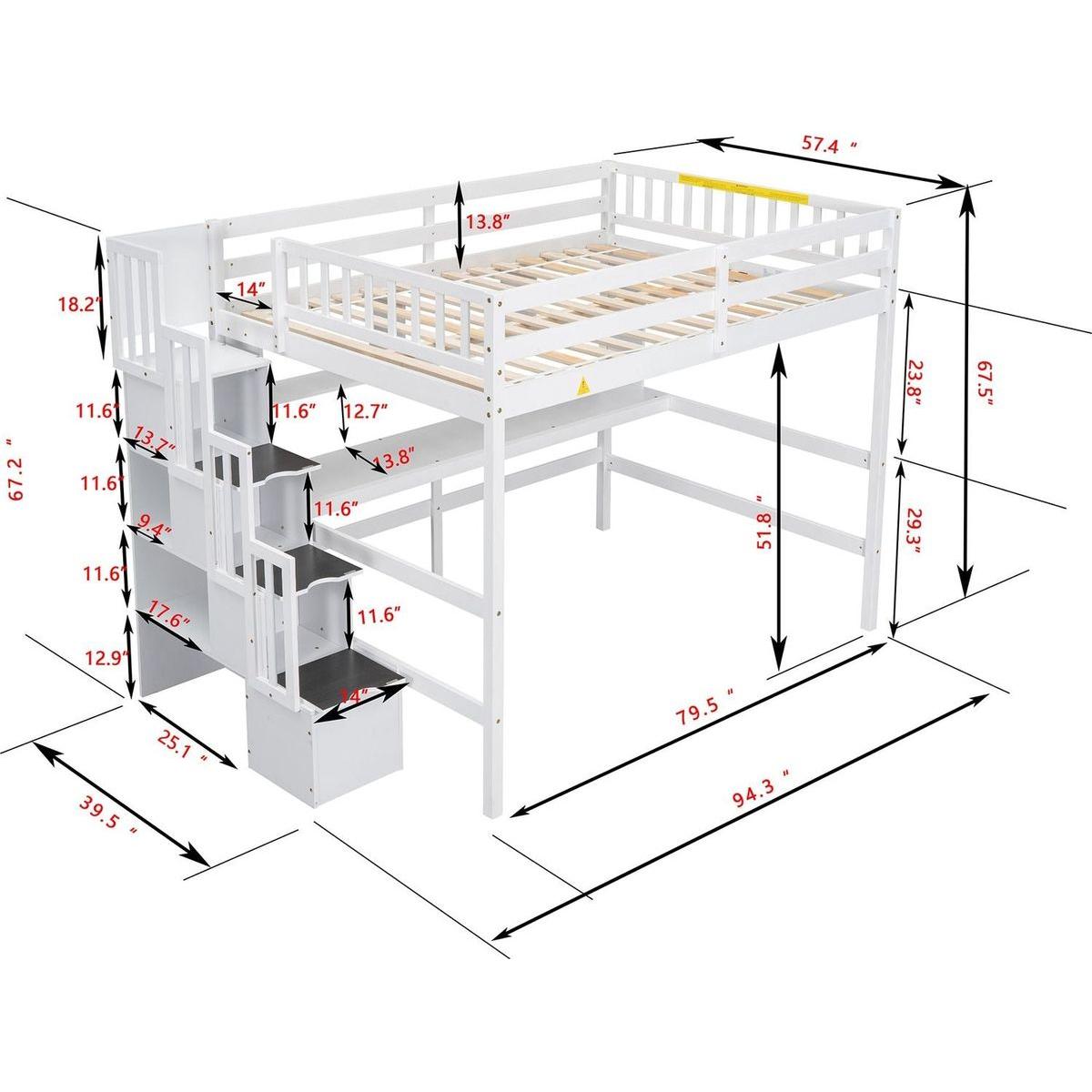 Full Size Loft Bed with Built-in Desk, Bookshelves and Storage Staircase,White