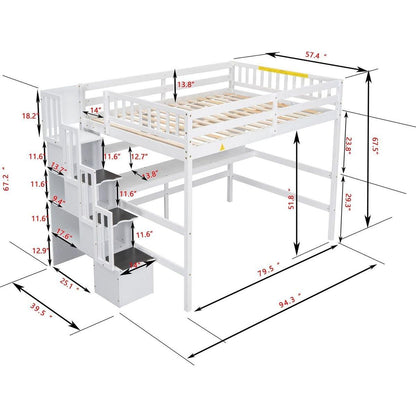 Full Size Loft Bed with Built-in Desk, Bookshelves and Storage Staircase,White