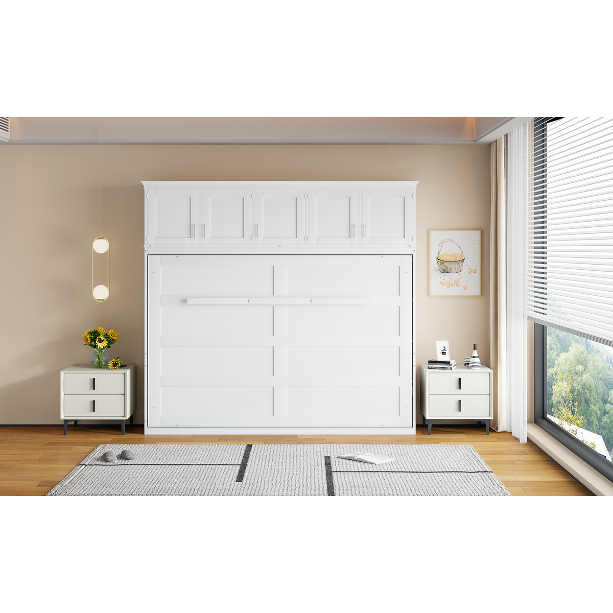 Queen Size Murphy Bed Wall Bed with Top Cabinets,White