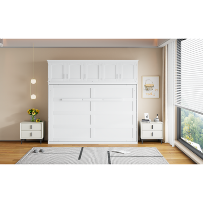 Queen Size Murphy Bed Wall Bed with Top Cabinets,White