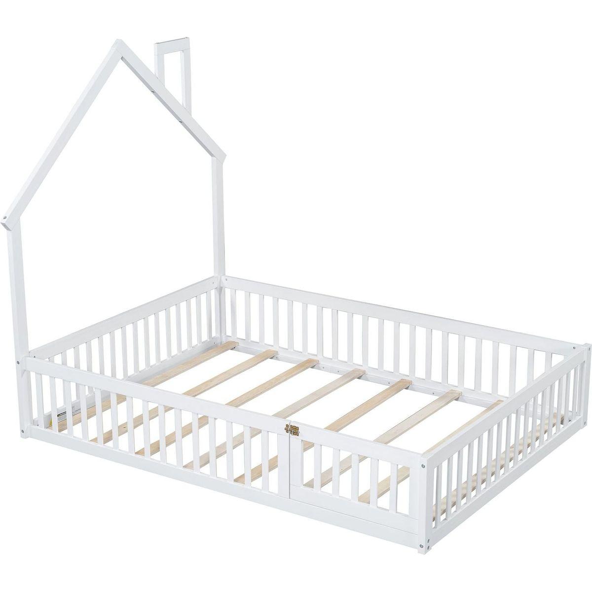 Wood Full Size House Platform Bed with Guardrail, White