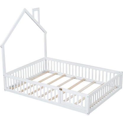 Wood Full Size House Platform Bed with Guardrail, White