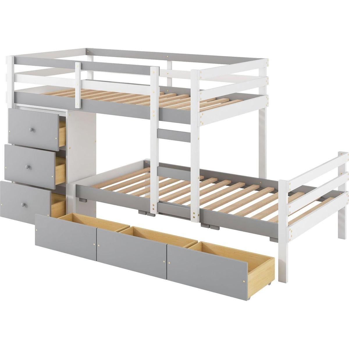 Twin over Twin Loft Bunk Bed with Drawers and Ladder, Gray