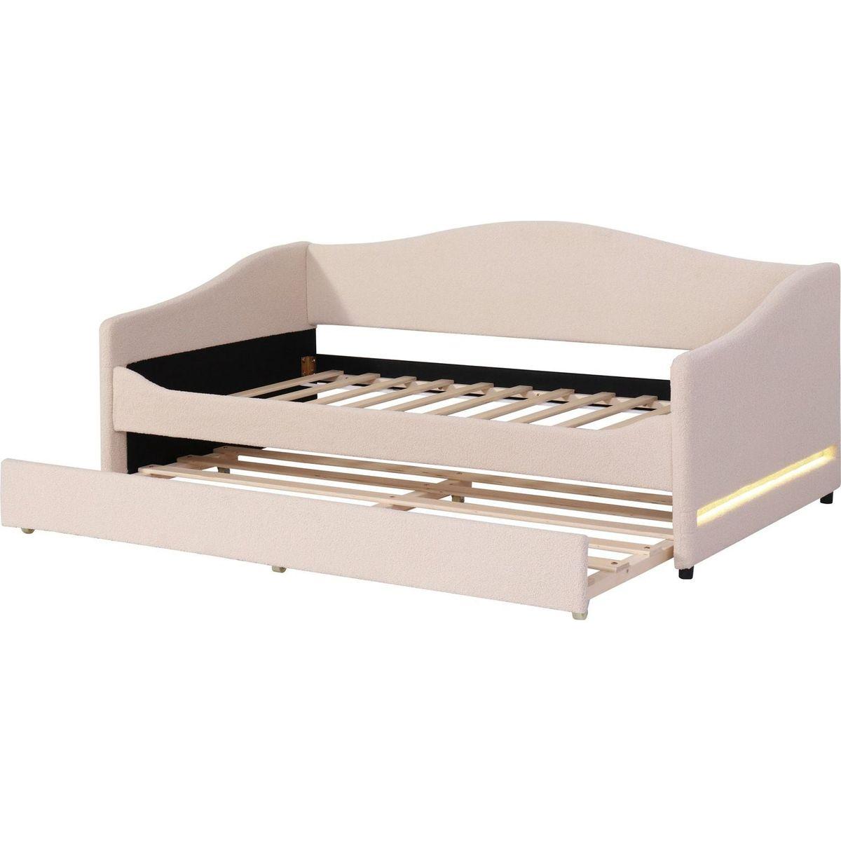 Teddy Fleece Twin Size Upholstered Daybed with Light and Trundle, Beige