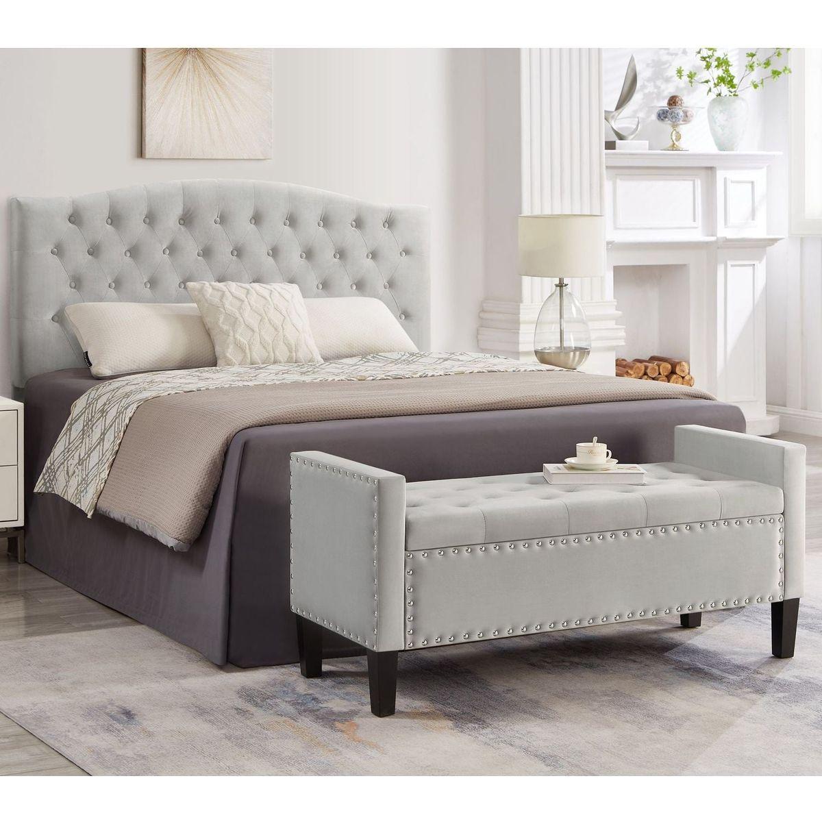 Upholstered Tufted Button Storage Bench with nails trim,Entryway Living Room Soft Padded Seat with Armrest,Bed