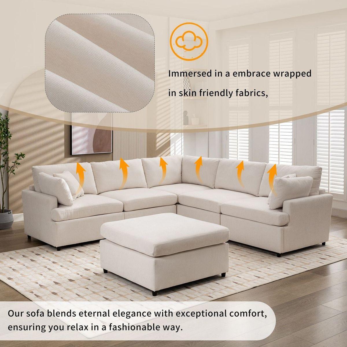 Modern Large U-Shape Sectional Sofa, with Removable Ottomans for Living Room (6-Seater)