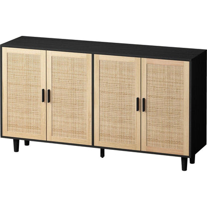 62.20"Elegant and Functional 4-Door Rattan Decorative Storage Cabinet,for Bedroom,Living Room,Office,Easy Assembly,Black