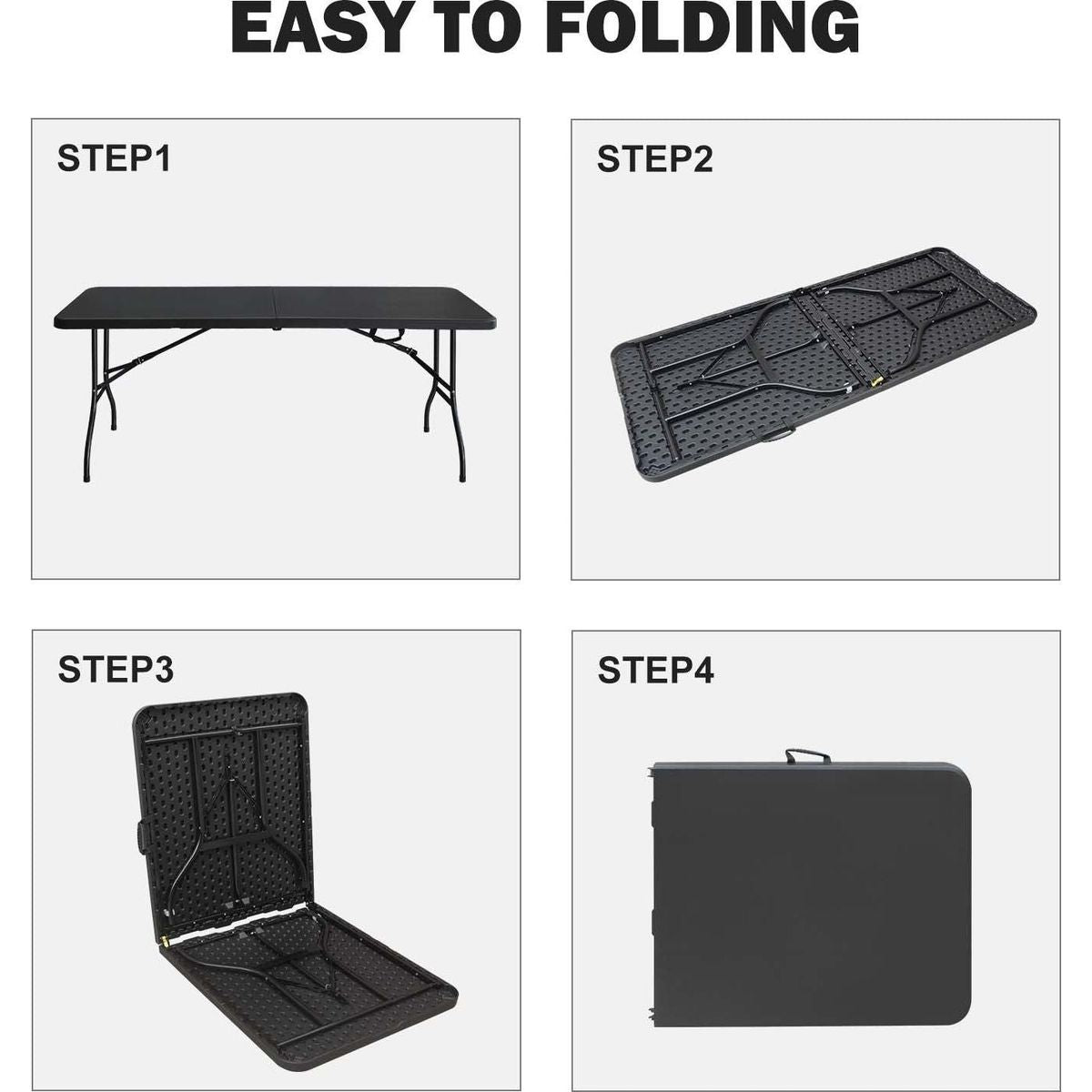 6ft Folding Table, Portable Plastic Table for Camping, Picnics, Parties, High Load Bearing Foldable Table Black