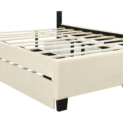 Queen Size Upholstered Platform Bed with 2 Drawers and 1 Trundle, Classic Metal Strip Headboard Design, Beige