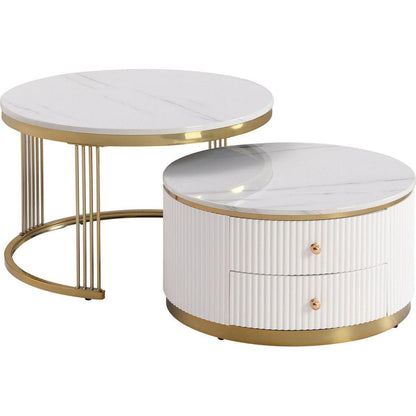 Modern 2 Pieces White Round Nesting Coffee Table with Drawers in 27.6"