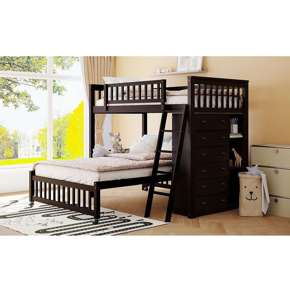 Wooden Twin Over Full Bunk Bed With Six Drawers And Flexible Shelves,Bottom Bed With Wheels,Espresso