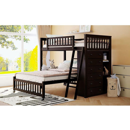 Wooden Twin Over Full Bunk Bed With Six Drawers And Flexible Shelves,Bottom Bed With Wheels,Espresso