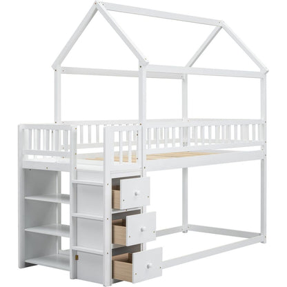 TWIN/TWIN HOUSE BUNK BED WITH SHELVES AND DRAWERS FOR WHITE COLOR