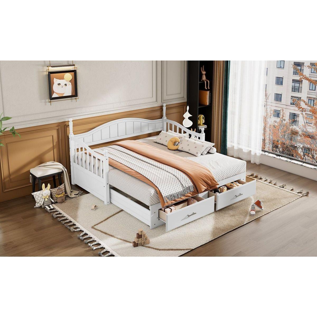 Wooden Twin Size Daybed with Twin Size Trundle, Extendable Daybed with Two Storage Drawers,White