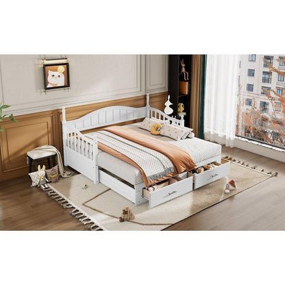 Wooden Twin Size Daybed with Twin Size Trundle, Extendable Daybed with Two Storage Drawers,White