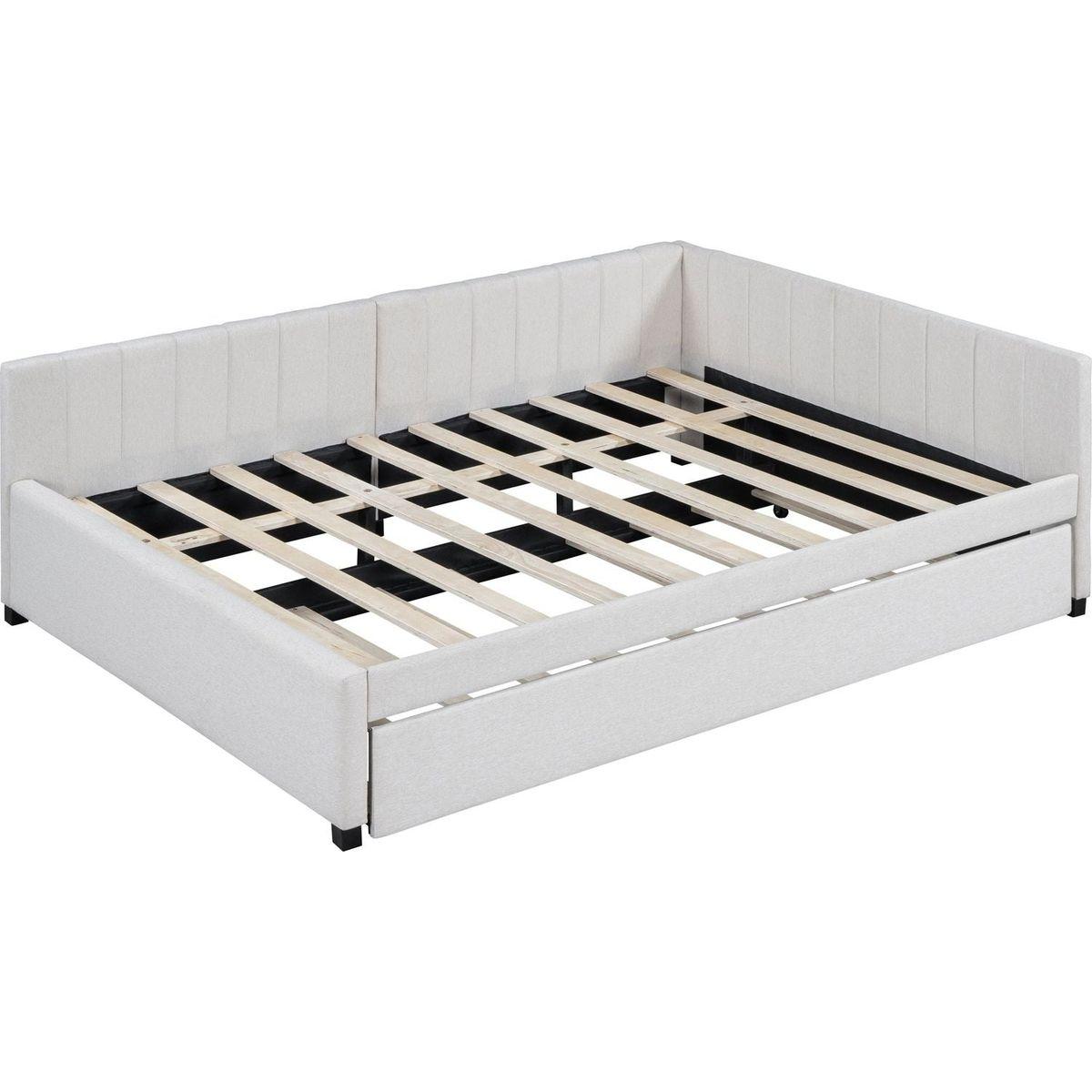 Full Size Upholstered Daybed with Trundle Sofa Bed Frame No Box Spring Needed, Linen Fabric(Beige)