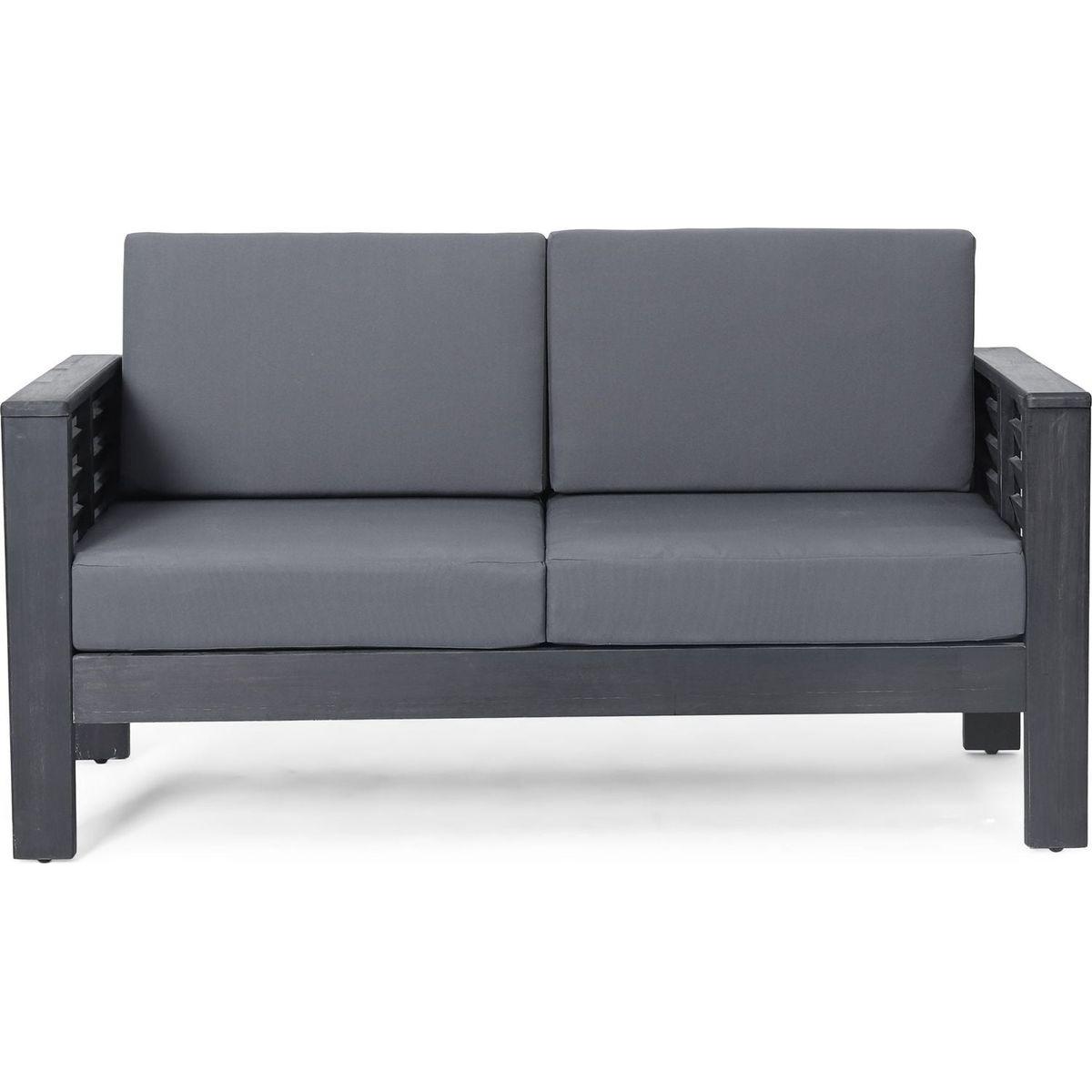 Acacia Wood Outdoor Loveseat and Coffee Table Set with Cushions, Dark Gray