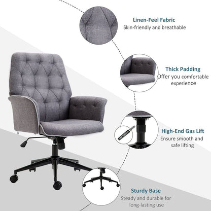 Vinsetto Linen Home Office Chair, Tufted Height Adjustable Computer Desk Chair with Swivel Wheels and Padded Armrests, Dark Gray