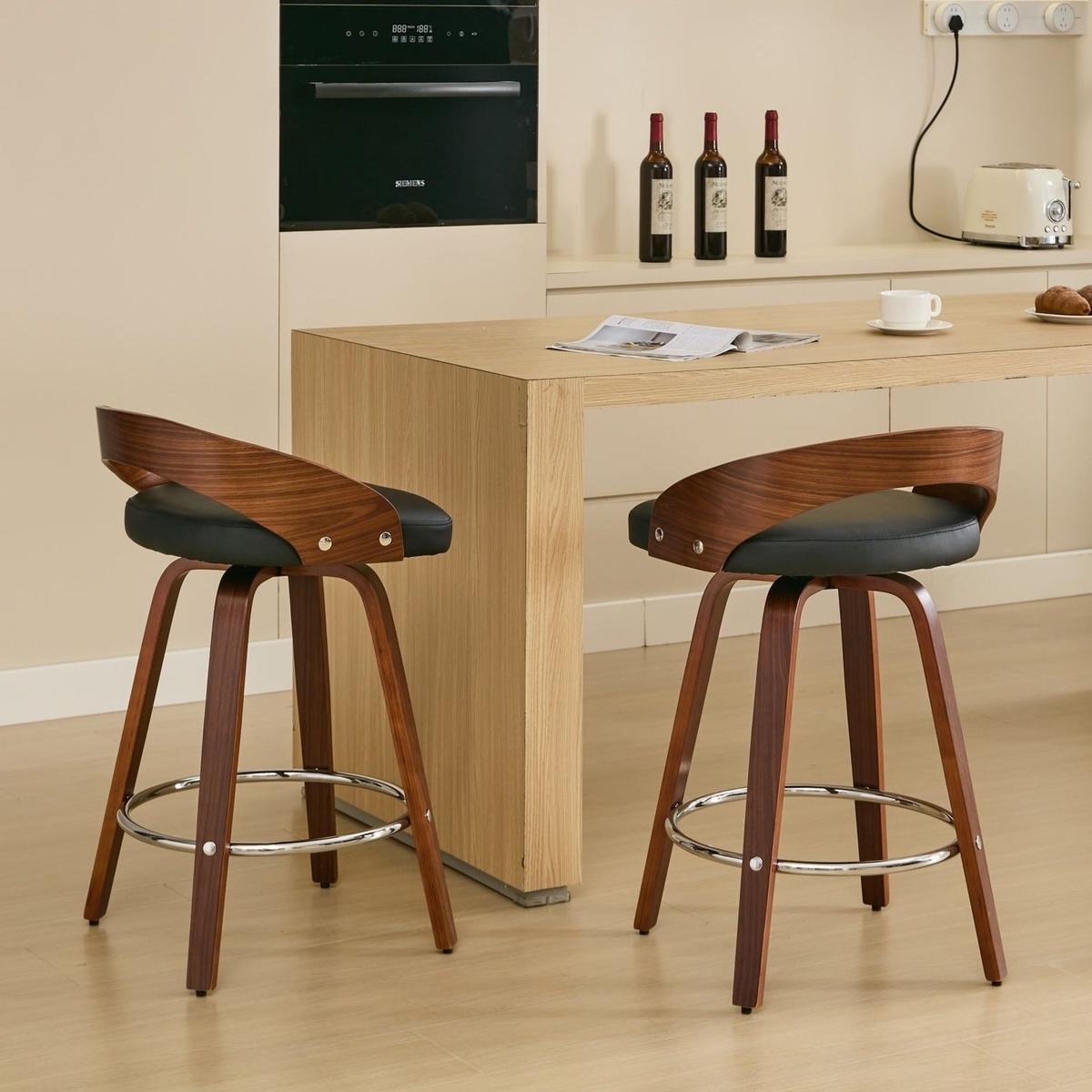 Bar Stools Set of 2, Swivel Bar Height Stools with Low Back, Wood Bar Chairs with Soft Cushion Seat, 25-Inch Seat Height (Black, 25" Counter Height) - Streamdale Furniture