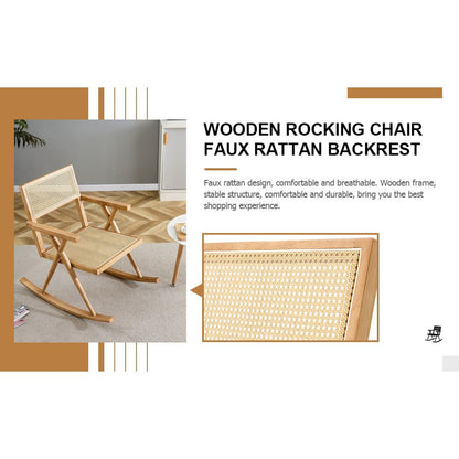 Solid wood+imitation rattan rocking chair allows you to relax quietly indoors and outdoors, enhancing your sense of relaxation, suitable for balconies, gardens, and camping sites