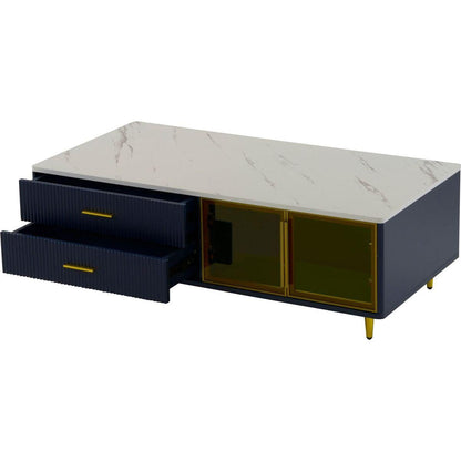 Modern Navy Blue Coffee Table with 2 Glass Door Storage, 4 Drawers, Gold Metal Legs, and Multi-Color Lighting in 47.2"