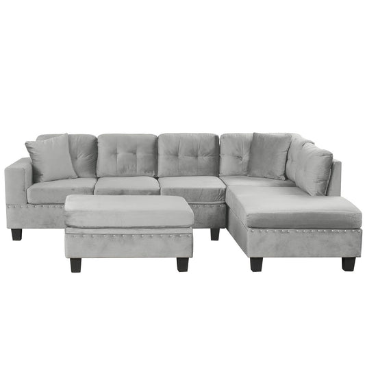 Modern Sectional Sofa with Storage Ottoman, L-Shape Couch with 2 Pillows and Cup Holders, Gray Velvet, 105 inch
