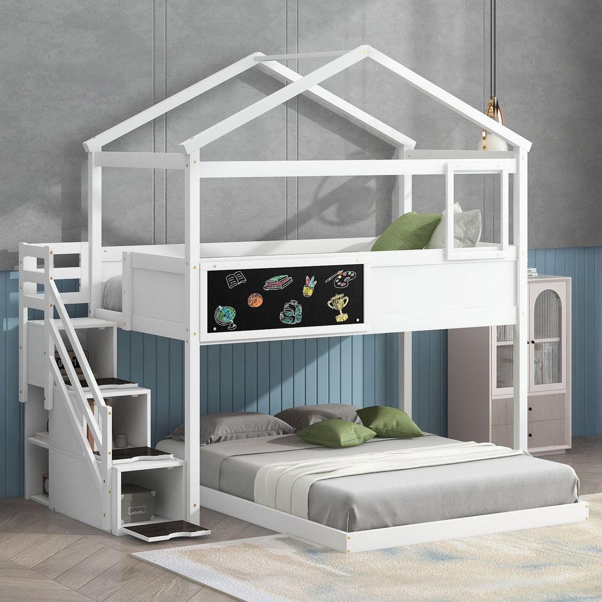 Twin over Full House Bunk Bed with Storage Staircase and Blackboard,White