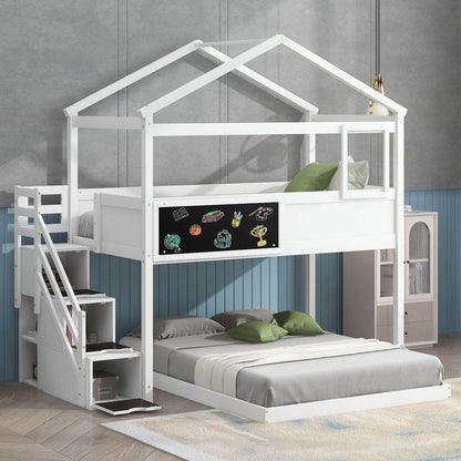 Twin over Full House Bunk Bed with Storage Staircase and Blackboard,White