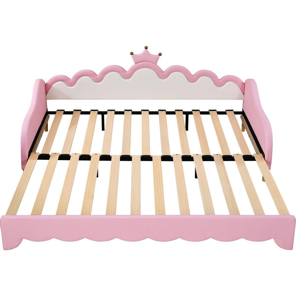 Twin Extending Daybed with LED Lights, Modern Upholstered Princess Daybed With Crown Headboard,Pink