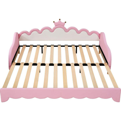 Twin Extending Daybed with LED Lights, Modern Upholstered Princess Daybed With Crown Headboard,Pink