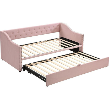 Twin Size Upholstered daybed with Pop Up Trundle, Pink