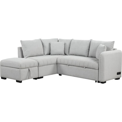 82.6" L-shaped Sectional Pull Out Sofa Bed Sleeper Sofa with Two USB Ports, Two Power Sockets and a Movable Storage Ottoman, Gray