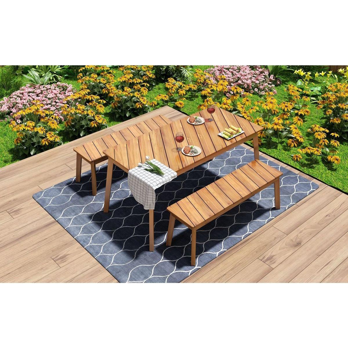 GO 3 Pieces Acacia Wood Table Bench Dining Set For Outdoor & Indoor Furniture With 2 Benches, Picnic Beer Table for Patio, Porch, Garden, Poolside, Natural