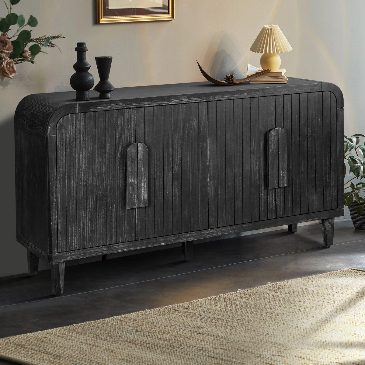 59'' Farmhouse Curved Vintage Storage  Sideboard with  Large Wooden Handles, Vertical Wood Grain Carving and Adjustable Shelves  for Kitchen,Dining Room (Antique Black)