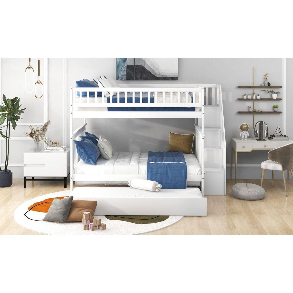 Full over Full Bunk Bed with Trundle and Staircase,White