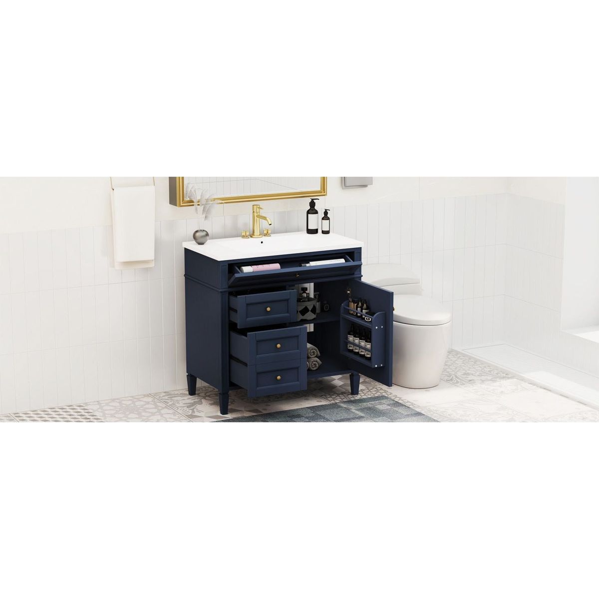 36" Bathroom Vanity with Top Sink, Modern Bathroom Storage Cabinet with 2 Drawers and a Tip-out Drawer, Single Sink Bathroom Vanity