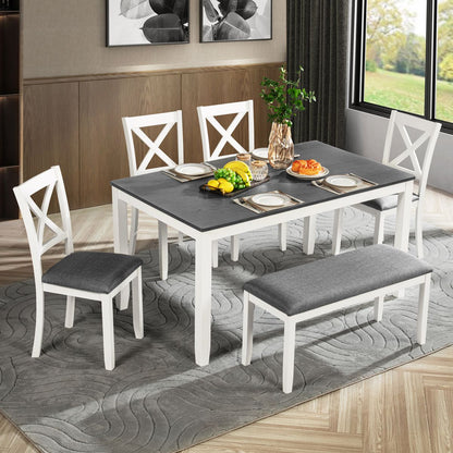 6-Piece Dining Table Set with Bench, Wood Dining Table Set for 6, Modern 6-Person Dining Table Set for Dining room, Kitchen, Grey & White two tone
