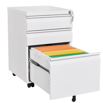 Modern 3-Drawer Mobile Filing Cabinet with Lock, White Metal Office Storage, Legal/Letter Size