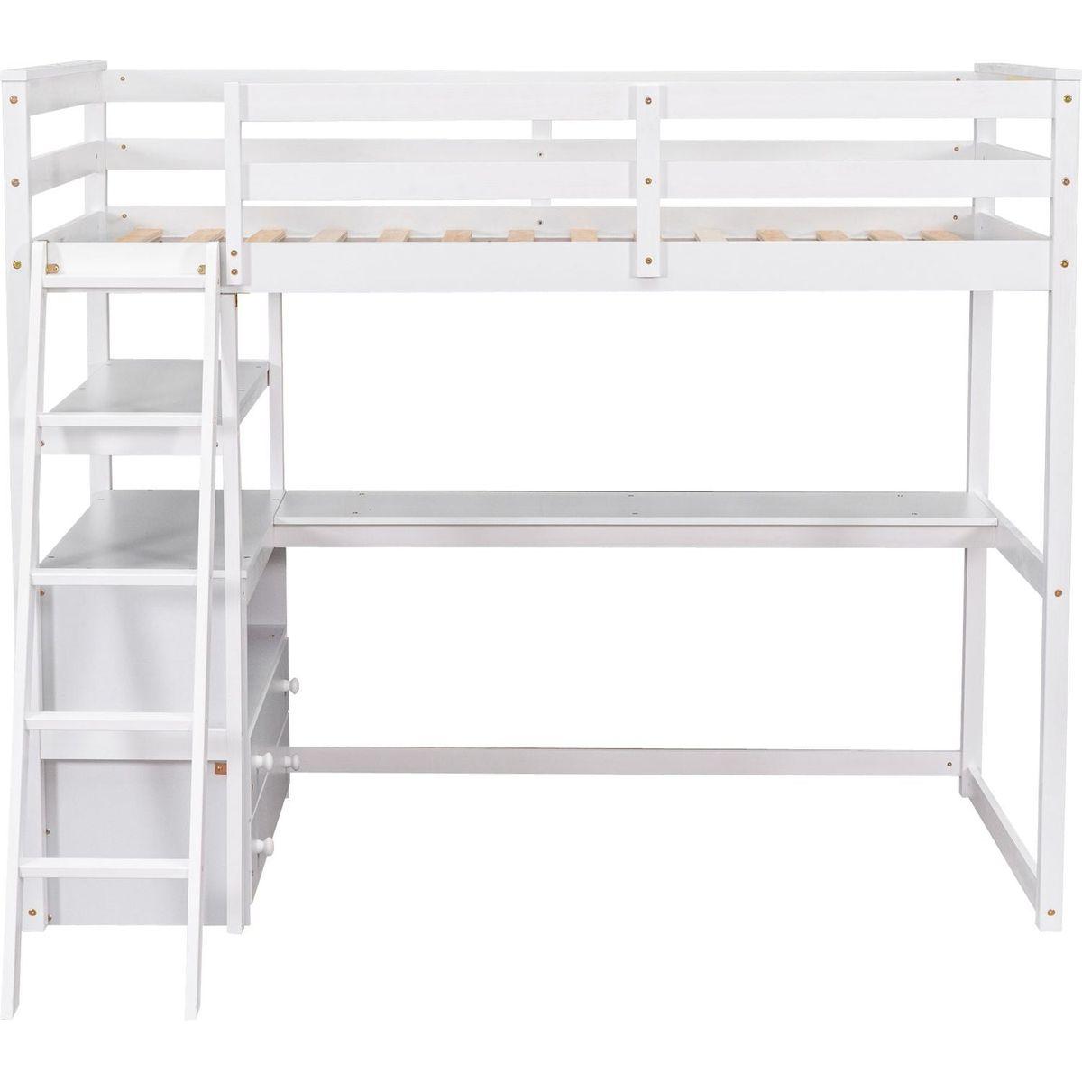 Twin Size Loft Bed with Desk and Shelves, Two Built-in Drawers, White