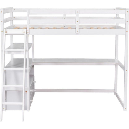 Twin Size Loft Bed with Desk and Shelves, Two Built-in Drawers, White
