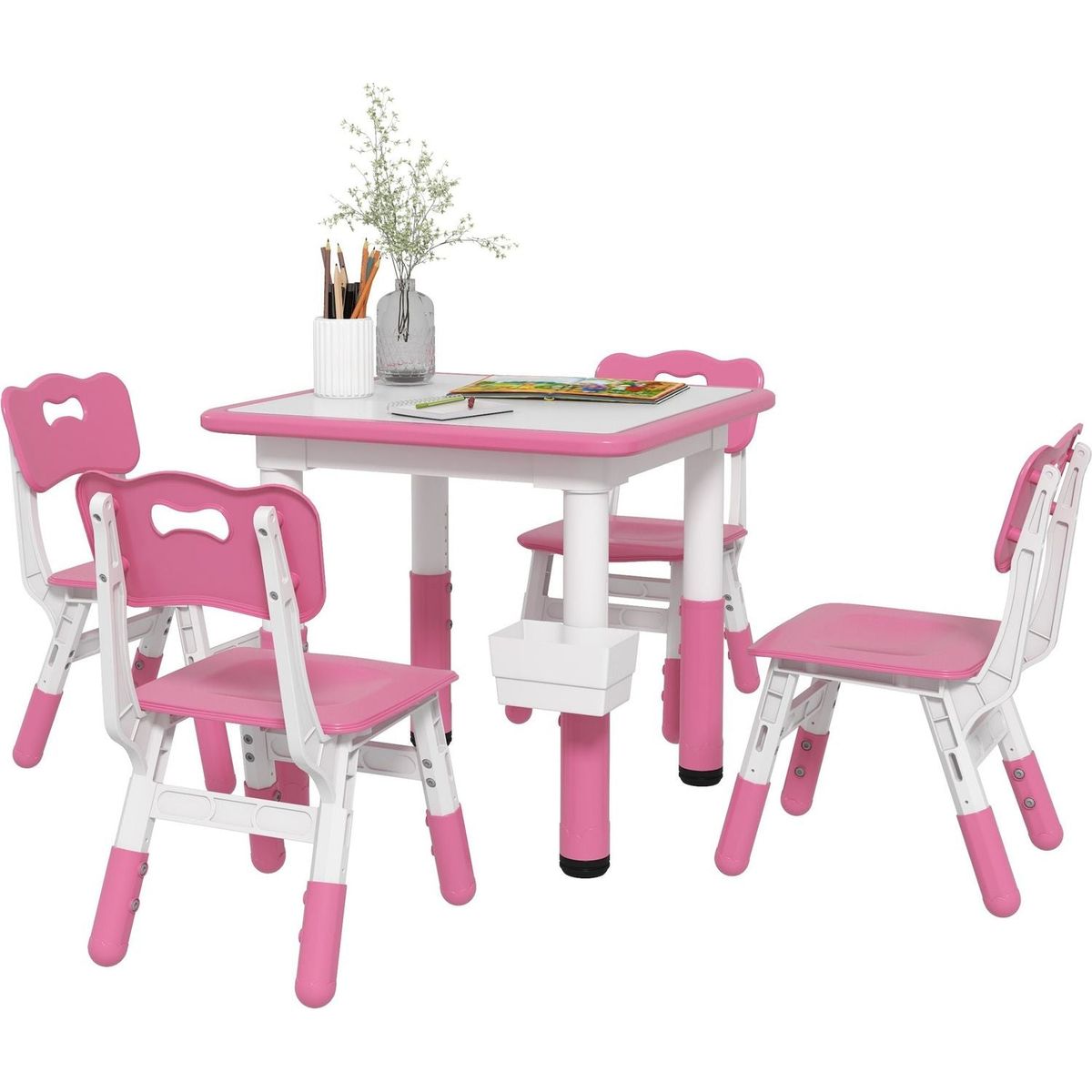 Qaba Kids Table and Chair Set, Height Adjustable 5 Piece Toddler Table and Chair Set with Storage Box, Easy to Wipe Activity Table with 4 Chairs for Ages 18 Months-5 Years, Pink